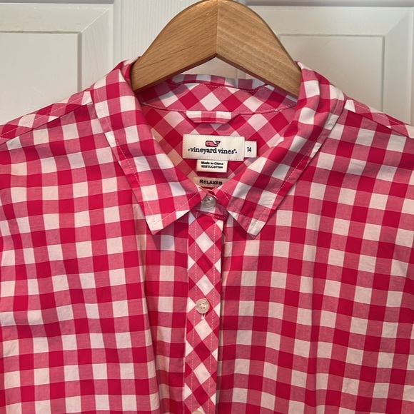 Vineyard Vines cotton, button-down, pink, checked blouse - Picture 2 of 7